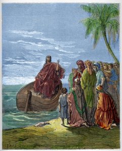Jézus prédikál a Genezáret-tavon (Genesareth, Ginosar vagy Kinneret) (Tiberiad-tó) (Galileai-tenger) - Jézus prédikál a Galileai-tengernél - - Gustave Dore (1832-1883) „Biblia illusztrációja” vésése - Metszet a „ "A Dore Biblia" alkotó: Gustave Dore