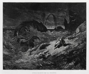 Jónást a szárazföldre dobja a bálna, Illusztráció a Dore Bibliából alkotó: Gustave Dore