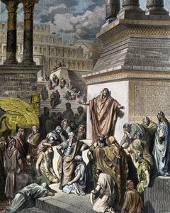 Jónás bűnbánatra buzdítja a ninivitézeket – Jónás bűnbánatra buzdítja a ninivitákat – illusztráció Gustave Dore „The Holy Bible” című könyvéből, Pannemaker vésette alkotó: Gustave Dore