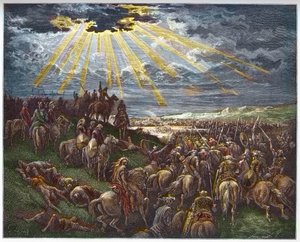 Joshua parancsolja a napnak, hogy álljon meg – Josue arrete le soleil – gravírozás Gustave Dore (1832-1883) „The Bible illustree”-be – Metszet a „Dore Bibliából” alkotó: Gustave Dore