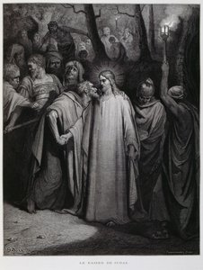 Júdás csókkal árulja el Jézust; Illusztráció a Dore Bibliából alkotó: Gustave Dore