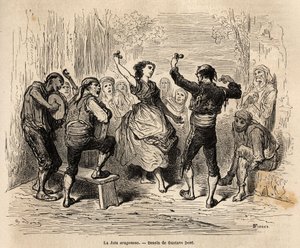 La jota aragonesa, Aragónia kóruséneke és páros tánca, minden népi és vallási felháborodás során gyakorolják, szerelem témájú dalszövegek, néha groteszkek vagy triviálisak, ezeket a népszerű dalokat pliegók, kis kiegészítők segítségével ismétlik meg. alkotó: Gustave Dore