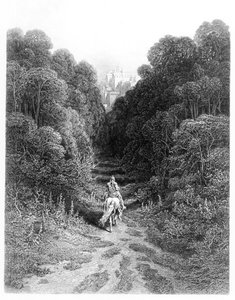 Lancelot megközelíti az astolati kastélyt, illusztrációja Alfred Tennyson (litho) "Idylls of the King" című könyvéből alkotó: Gustave Dore