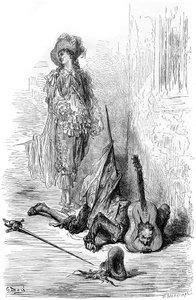 Leandre éppen egy gitárt tört Matamore fején, illusztrációja a „Fracass kapitány”-nak. alkotó: Gustave Dore