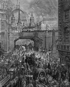 "Ludgate Hill": Gustave Dore és Blanchard Jerrold London: London 1872. Forgalmi torlódás, vasúti viadukt (középen) és a Szent Pál templom kupolája. Fametszet alkotó: Gustave Dore