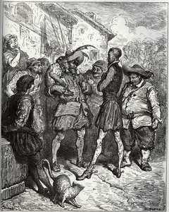 Maese Pedro és a jósló majom - Miguel Cervantes (1547-1616) "Don Quijote de la Mancha" című művéből (Don Quijote) - Fametszet Gustave Dore rajza alapján alkotó: Gustave Dore