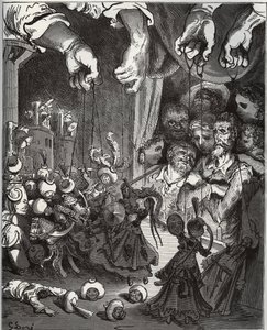 Maese Pedro bábelőadása - Miguel Cervantes (1547-1616) „Don Quijote de la Mancha”-ból (Don Quijote) - Fametszet Gustave Dore rajza alapján alkotó: Gustave Dore