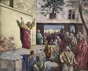 Mikeás, a moresita próféta prédikál az izraelitáknak, Gustave Dore metszete – „Michee próféta, aki bűnbánatra buzdítja Izrael népét”” Metszet a „Bibliából”, Gustave Dore (1832-1883) 1860 körül alkotó: Gustave Dore