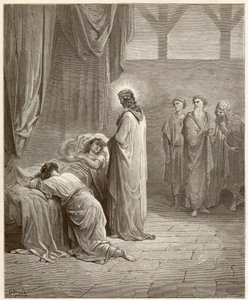Csoda: Jézus Krisztus meggyógyította Jaire (Jairus vagy Jairos) lányát. Gustave Dore (1832-1883) által illusztrált metszet a Bibliából alkotó: Gustave Dore