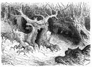 Szörnyeteg bükk az Ossau völgyében, antropomorf szörnyfák. Gustave Dore metszete, amely az "Voyage aux Pyrenees d