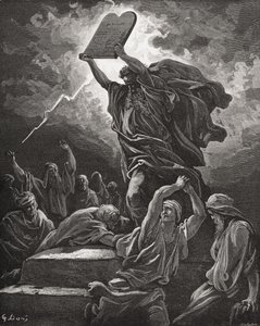 Mózes összetöri a törvénytáblákat, 2Mózes 32:19, illusztráció Dore "A Szent Biblia" című művéből, Hotelin metszete, 1866. alkotó: Gustave Dore