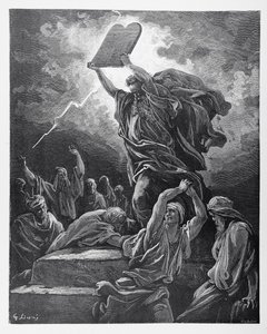 Mózes megtörte a törvény tábláit, Hotelin metszete, 1868 körül. alkotó: Gustave Dore