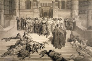 Mózes a fáraó előtt (szén-, toll- és tintamosás papíron) alkotó: Gustave Dore