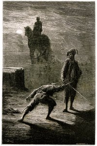 Éjszakai párbaj a holdfényben Sigognac báró és Jacquemin Lampourde között a bronzkirály lovas szobra alatt. Gustave Dore metszete Theophile Gautier "Le capitaine Fracasse" című regényének illusztrációjához, Charpentier kiadás 1863. alkotó: Gustave Dore