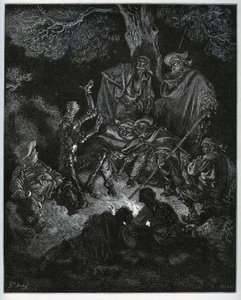 Éjszakai fény, ahol Don Quijote elmeséli a világ történetét a kecskéknek és egy Sancho Panzának - Miguel Cervantes (1547-1616) "Don Quijote de la Mancha" című művéből (Don Quijote) - Fametszet Gustave Dore rajza alapján alkotó: Gustave Dore