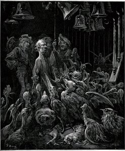 A Sonnante-szigeten Panurge a harangok megszólaltatásával dalra fakasztja a madarakat - Gustave Dore illusztrációja Francois Rabelais összes művéhez - Ötödik könyv - Pantagruel alkotó: Gustave Dore