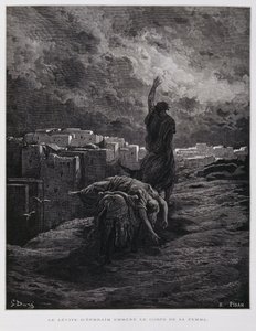 Felháborodás Gibeában, a levita elviszi halott ágyasát, Illusztráció a Dore Bibliából. alkotó: Gustave Dore