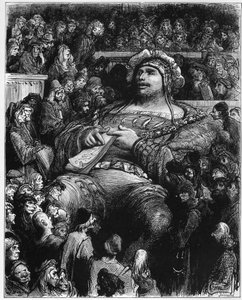 Pantagruel a párizsi tudósok ellen próbára teszi a kedvét – illusztráció a „Gargantua és Pantagruel” című művéből, Francois Rabelais – Gustave Dore (1832-1883) metszet alkotó: Gustave Dore