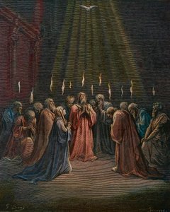 Pünkösd - Pünkösd (a Szentlélek eljövetele) - Pünkösd, a Szentlélek leszállása, Gustave Dore (1832-1883) metszet - későbbi színezés alkotó: Gustave Dore