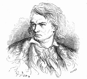Gustave Dore Beethoven-portréja, 1855 körül, Hippolyte Taine szövegének illusztrálására: "- Mi az a Beethoven "Egy szegény nagy ember, süket, szerelmes, félreismert és filozófus, akinek zenéje tele van gigantikus vagy fájdalmas álmokkal." alkotó: Gustave Dore