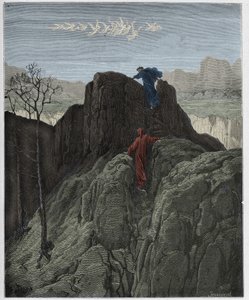 Purgatorio, 4. ének: Vergilius felvezeti Dantét a zord hegyoldalon, illusztráció Dante Alighieri "Isteni színjátékából", 1885 alkotó: Gustave Dore
