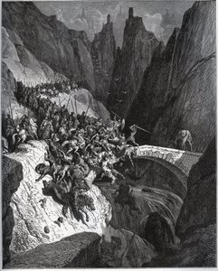 Recite des feats du chevalier Diego Garcia de Paredes - Miguel Cervantes (1547-1616) „Don Quijote de la Mancha” című művéből (Don Quijote) - Fametszet Gustave Dore rajza alapján alkotó: Gustave Dore