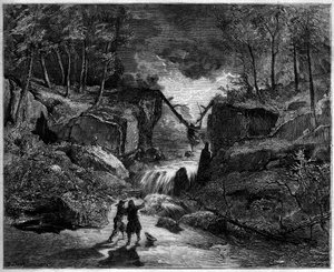 Operaábrázolás: az őrült sír a folyamban - Utolsó jelenet, a „Pardon de Ploermel” II. felvonása, 1859-es komikus opera Michel Carre (1819-1872) és Jules Barbier (1822-1901) librettóján, és Giacomo Meyerbeer (1791-1864) zenéje - Színház alkotó: Gustave Dore
