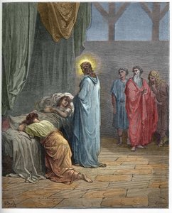 Jaire leányának feltámadása - Jairus lányának felnevelése (Jézus felneveli Jairus lányát) - Gustave Dore (1832-1883) "" The Bible illustree" -be vésve - Metszet a "" The Dore Bible"-ből" alkotó: Gustave Dore
