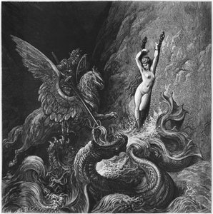Ruggiero megmenti Angelicát, illusztrációja Ludovico Ariosto (1474-1533) „Orlando Furioso” X. énekéből, 1888-ban, Párizs (metszet) alkotó: Gustave Dore