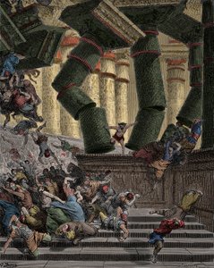 Sámson lerombolja a Dagon templomát, Gustave Dore metszete (1832-1883) alkotó: Gustave Dore