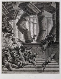 Sámson lerombolja Baál templomát, Illusztráció a Dore Bibliából alkotó: Gustave Dore