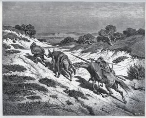 Sancho Panza, Don Quijote és lovasaik a Yangers elleni vereség után - Miguel Cervantes (1547-1616) "Don Quijote de la Mancha" című filmjéből (Don Quijote) - Fametszet Gustave Dore rajza alapján alkotó: Gustave Dore