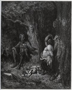 Sancho Panza Don Quijote elé repül, hogy teljesítse Merlin kívánságát, és ezzel elvarázsolja Dulcinee-t Tobosóból. Don Quijote arra buzdítja, hogy mérsékelje lelkesedését - Miguel Cervantes (1547-1616) „Don Quijote de la Mancha” című művéből (Don Quijote)  alkotó: Gustave Dore
