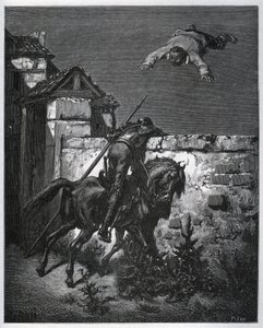 Sancho Panzát becsapják, és Don Quijote nem tud beavatkozni – Miguel Cervantes (1547-1616) „Don Quijote de la Mancha” című filmjéből (Don Quijote) – Fametszet Gustave Dore rajza alapján alkotó: Gustave Dore
