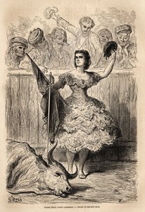 A bikaviadal színtere: Teresa Bolsi diadala, az andalúz torrera, köszönt az őt elismerő Sevillában. Gustave Dore (1832-1883) vázlatát élőben készítette. Metszet a spanyolországi utazás illusztrálására, 1862-ben Charles Davillier és G. alkotó: Gustave Dore
