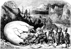 Szindbád a tengerész (Szindbád) - Az ezeregy (1001) éjszaka története - Gustave Dore illusztrációja - Maxwell kiadás 1865 - Ötödik utazás: a Szindbádot kísérő kereskedők feltörik a madáróriás Roc óriás tojásának héját, hogy kivegyenek belőle egy óriási cse alkotó: Gustave Dore