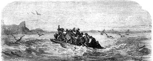 Szindbád a tengerész (Szindbád) - Az ezeregy (1001) éjszaka története - Gustave Dore illusztrációja - Maxwell kiadás 1865 - Harmadik utazás: Szindbád és társai egy tutajon hajóznak. alkotó: Gustave Dore