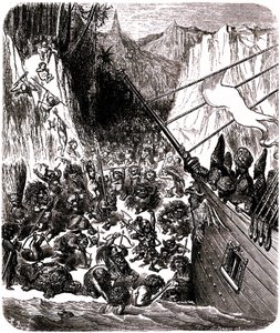 Szindbád a tengerész (Szindbád) - Az ezeregy (1001) éjszaka története - Gustave Dore illusztrációja - Harmadik utazás: egy vihar Szindbád és társai hajóját egy szigetre veti, ahol apró és förtelmes lények sokasága támadja meg őket. alkotó: Gustave Dore