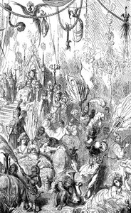 Szindbád a tengerész (Szindbád) - Az ezeregy (1001) éjszaka története - Gustave Dore illusztrációja - Maxwell kiadás 1865 - Hatodik utazás - ez a metszet ábrázolhatja a szerendíb király udvarát vagy Hárún al-Rasid kalifa (Harun al-Rashid) udvarát. alkotó: Gustave Dore