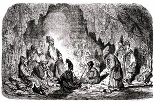 Szindbád a tengerész (Szindbád) - Az ezeregy (1001) éjszaka története - Gustave Dore illusztrációja - Maxwell kiadás 1865 - Első utazás: Szindbád, akit társai a tenger közepén magára hagytak, egy szigetre ér, és egy barlangban találkozik a sápadtarcúval alkotó: Gustave Dore