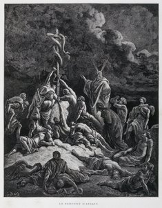Mózes tehát készített egy bronzkígyót, és felakasztotta egy rúdra. 4Mózes 21:7, Illusztráció a Dore Bibliából. alkotó: Gustave Dore