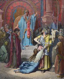 Salamon ítélete – Salamon úgy dönt, hogy felosztja a babát a két felperes között – Gustave Dore (1832-1883) metszet – későbbi színezés alkotó: Gustave Dore
