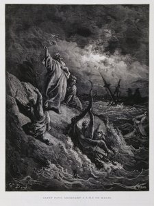 Szent Pál partraszállása Máltán, illusztráció a Dore Bibliából alkotó: Gustave Dore