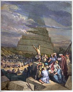 BÁBEL TORNYA – A Bábel tornya a Genezis és a nyelvi zavarok illusztrációja Yahvetól. A jobb oldalon Nimrud király (vagy Nimród, Nemród) megbeszélést folytat az építészekkel - Gustave Dore (1832-1883) „The Bible illustree” című metszetébe – Metszet „” Th. alkotó: Gustave Dore
