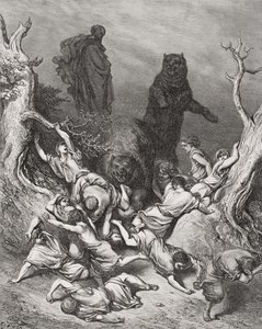 A medvék által elpusztított gyerekek, illusztráció Dore „The Holy Bible” című könyvéből, 1866 alkotó: Gustave Dore