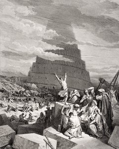 A nyelvek zűrzavara, 1Mózes 11:7-9, illusztráció Dore „A Szent Bibliájából”, vésette Maurand, 1866 (metszet) alkotó: Gustave Dore