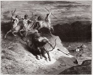 Az isteni színjáték (La Divina Commedia, La Divine Comedie), Pokol, 12. ének: A kentaurok forró vérben támadják meg a lelkeket - Dante Alighieri (1265-1321) - Illusztráció: Gustave Dore (1832-1883) alkotó: Gustave Dore