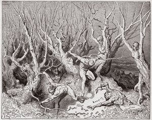 Az isteni színjáték (La Divina Commedia, La Divine Comedie), Inferno, 13. ének: Az öngyilkosok az erdőből menekülnek - Dante Alighieri (1265-1321) - Illusztráció: Gustave Dore (1832-1883) alkotó: Gustave Dore