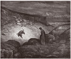 Az isteni színjáték (La Divina Commedia, La Divine Comedie), Inferno, 1. ének: A párduc az emelkedés elején - Dante Alighieri (1265-1321) - Illusztráció: Gustave Dore (1832-1883) alkotó: Gustave Dore