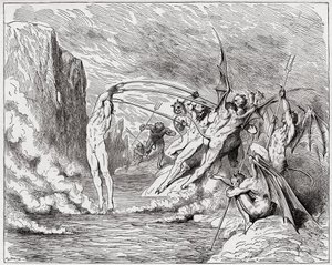 Az isteni színjáték (La Divina Commedia, La Divine Comedie), Inferno, 21. ének: Ördögök kínozzák a barrátorokat - Dante Alighieri (1265-1321) - Illusztráció: Gustave Dore (1832-1883) alkotó: Gustave Dore
